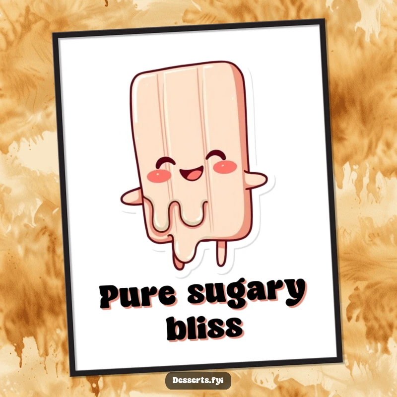 Funny poster artwork of a happy candy bar character melting with delightful glee, perfect for adding sweet humor to any wall.