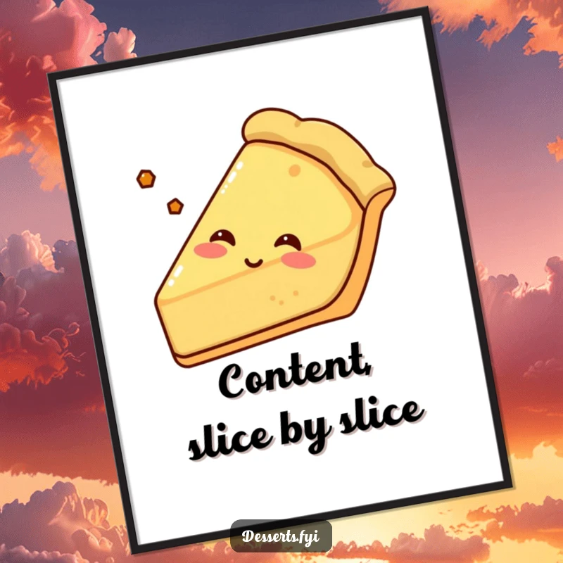 Funny pie poster showcasing a content pie slice with a detailed crust, sighing happily, bringing a sense of cozy contentment to any room.