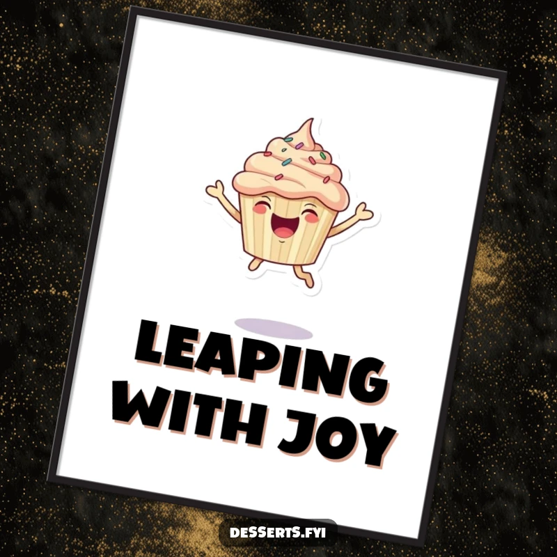 Funny Poster: A joyful cupcake adorned with sprinkles, captured mid-leap.