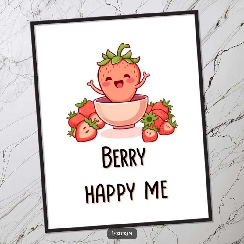 Funny strawberry poster featuring a jovial strawberry with a leafy crown jumping into a bowl, perfect for adding fruity humor to decor.