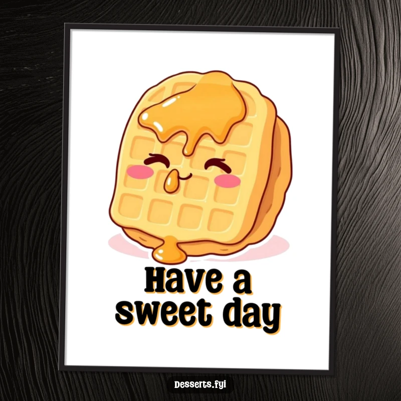 Funny waffle poster featuring a whimsical waffle with syrup drops giving a cheeky wink, adding a playful and humorous touch to wall decor.