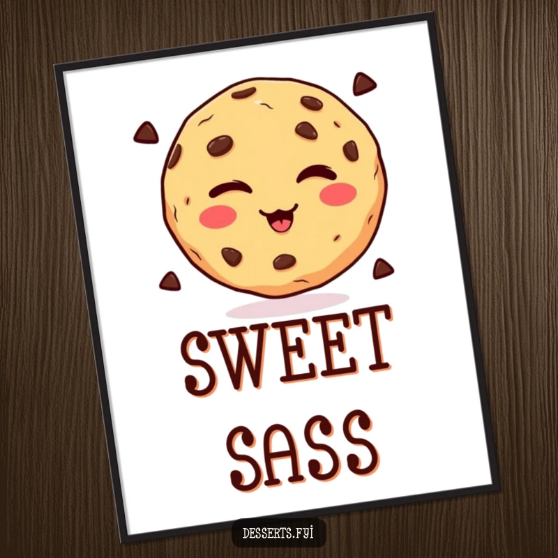 Funny winking chocolate chip cookie illustration on a poster, exuding playfulness and charm, a delightful funny gift.