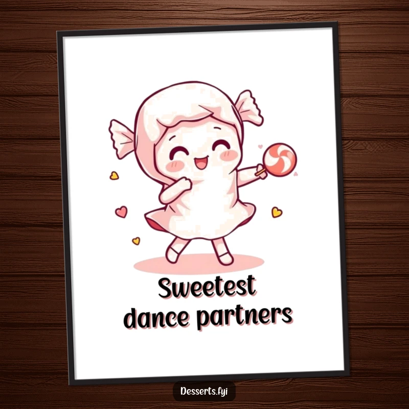 Funny poster of a playful candy wrapper dancing with a piece of candy, adding vibrant energy and sweet humor to any room.