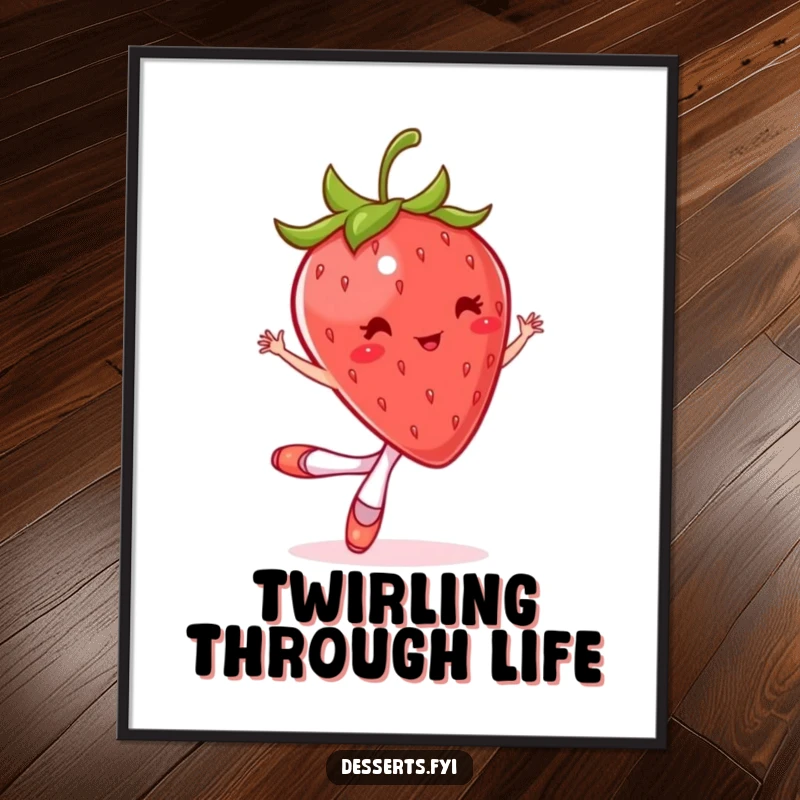Funny poster of a bouncing strawberry in tiny ballet slippers, mid-twirl. Whimsical wall decor.