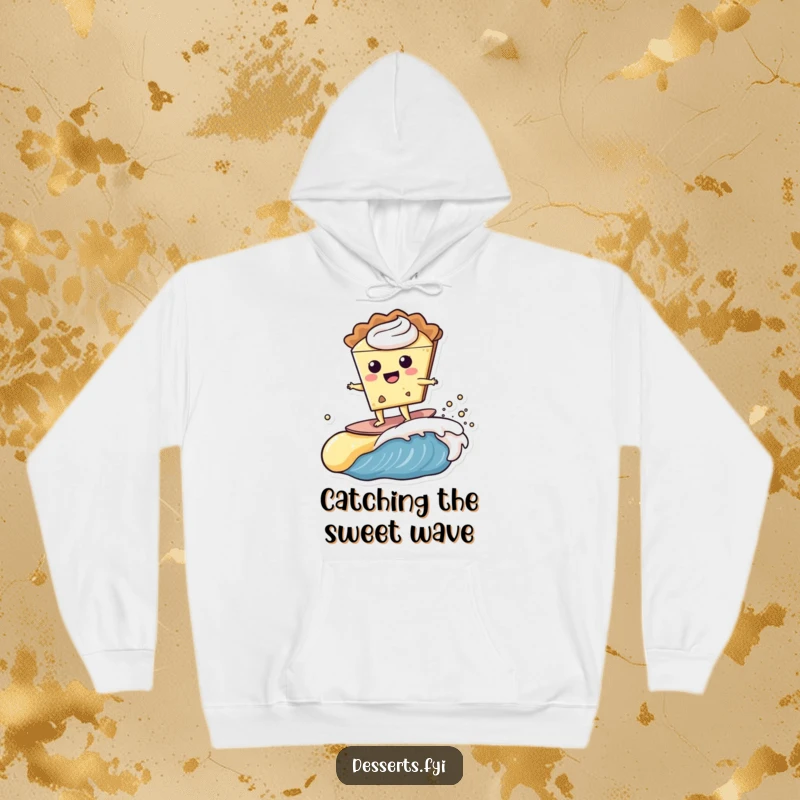 Funny happy pie character surfing a creamy custard wave, depicted on a cozy hoodie, perfect for staying warm and amused.