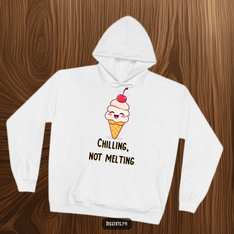 Funny ice cream cone hoodie, a dessert with a cherry on top giggling and bouncing with delight, offering cozy comfort and a sweet, humorous design.