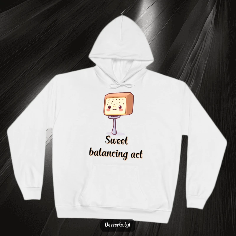 Funny candy bar hoodie featuring a delighted candy bar balancing a tiny fork, perfect for cozy moments and sweet indulgence.