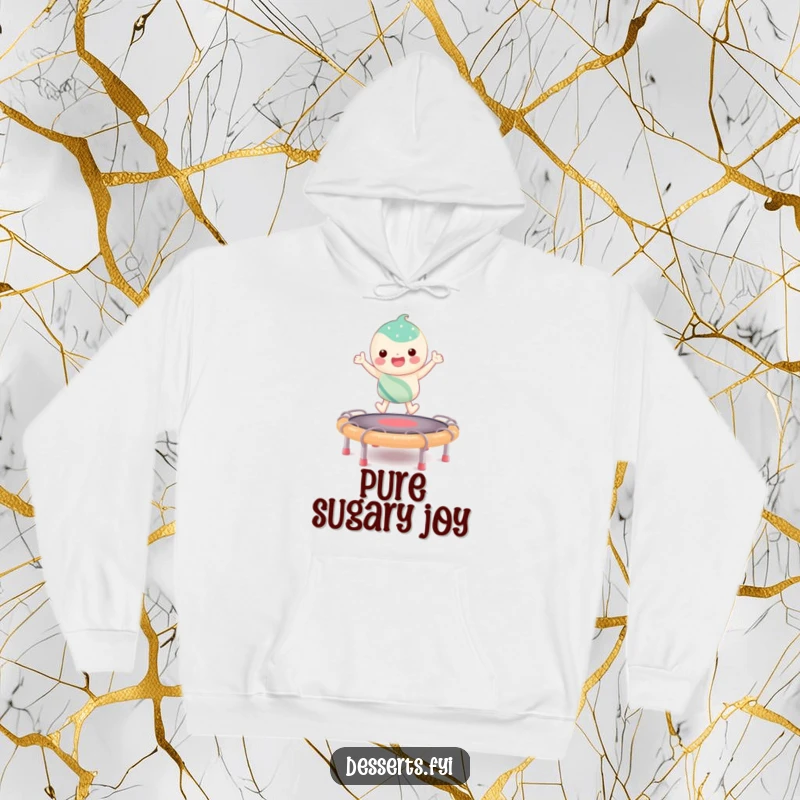 Funny hoodie depicting a happy candy character mid-air, bouncing on a taffy trampoline, offering cozy comfort and humor.