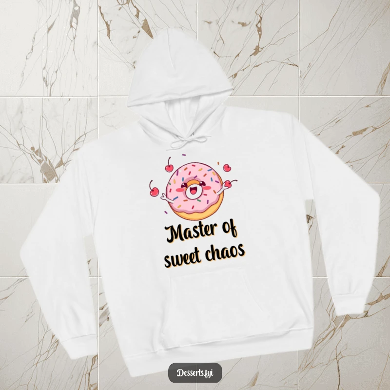 Funny donut character gleefully juggling sprinkles and cherries, cozy on a soft hoodie, perfect for chilly, cheerful days.
