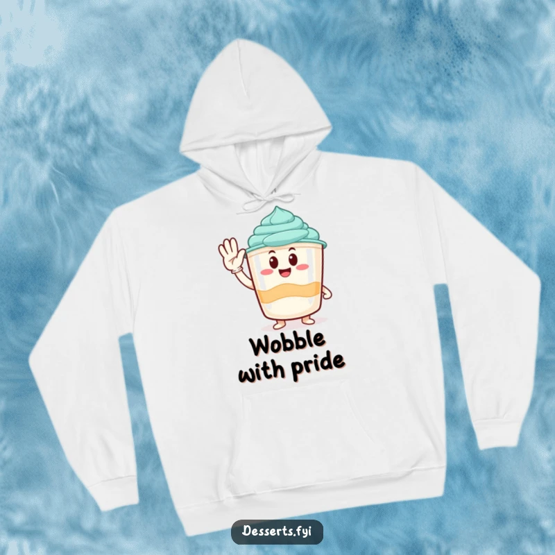 Funny hoodie with a happy pudding cup character giving a friendly salute, perfect for cozy days and cheerful moments.