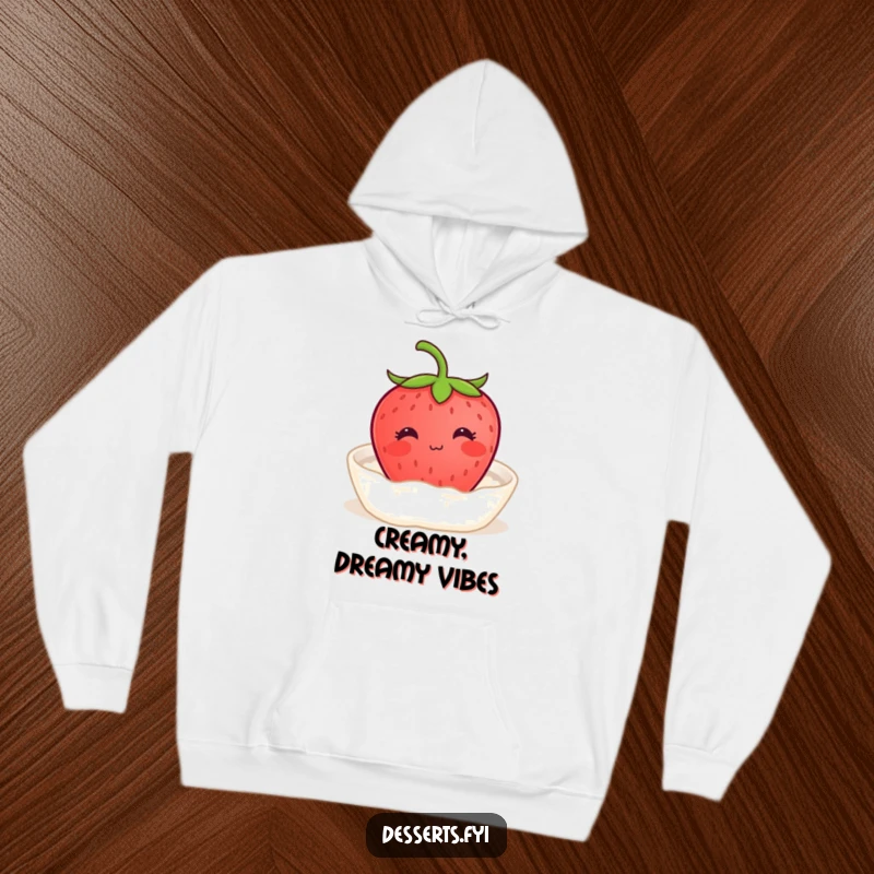 Funny hoodie featuring a content strawberry with a tiny smile enjoying a bath of cream, offering cozy comfort and a symbol of pure, sweet relaxation.