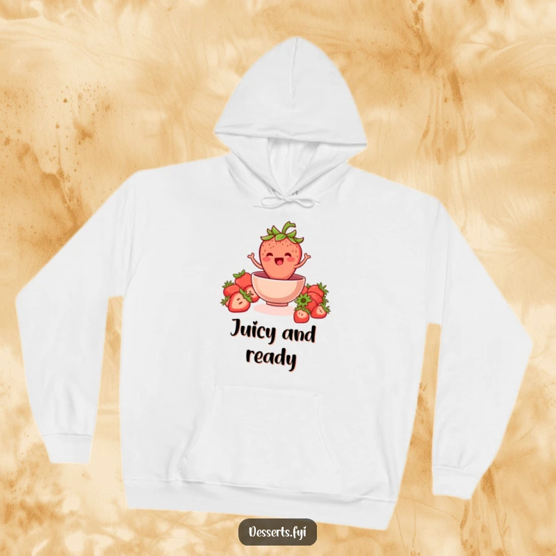 Funny strawberry hoodie featuring a jovial strawberry with a leafy crown jumping into a bowl, perfect for staying warm and cheerful.