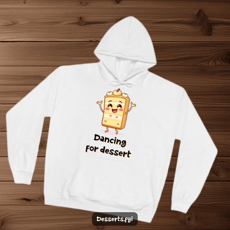 Funny hoodie with a cheerful cake slice character doing a silly dance, perfect for cozy celebrations.