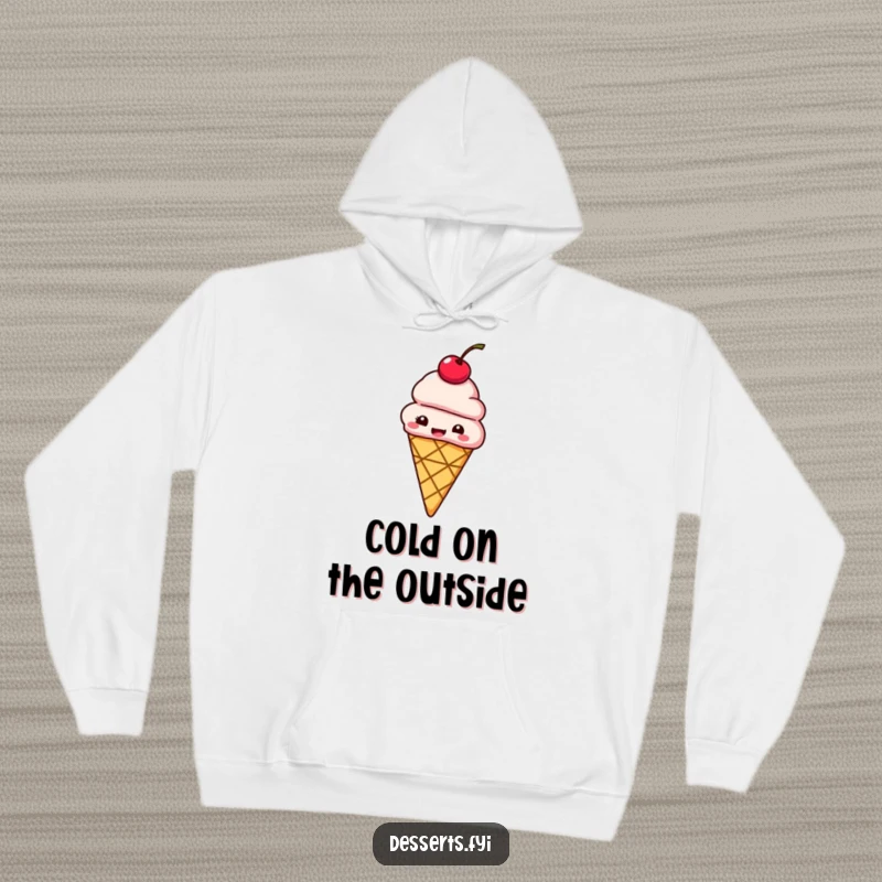 Funny hoodie illustrating a giggling ice cream cone with a cherry on top bouncing with joyful energy.