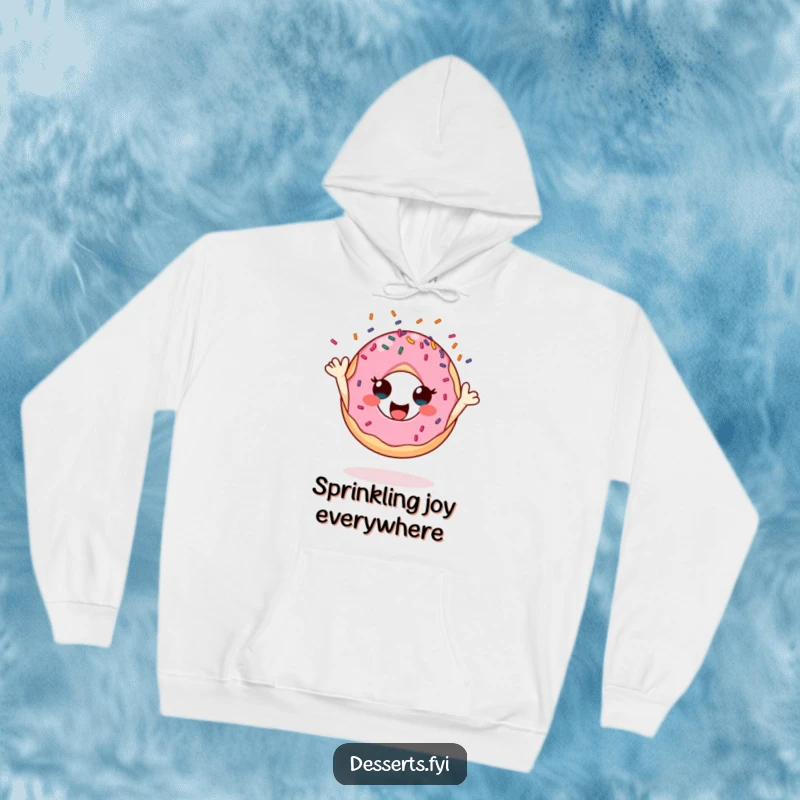 Funny donut hoodie featuring a happy character delightedly throwing sprinkles, perfect for spreading cheer and warmth as a funny gift.