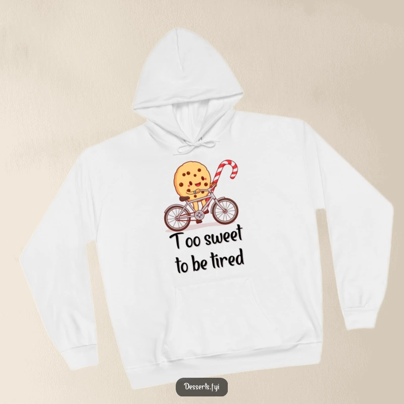 Funny hoodie with a whimsical cookie character pedaling a miniature bicycle around a peppermint candy cane, illustrating a fun and active scene.