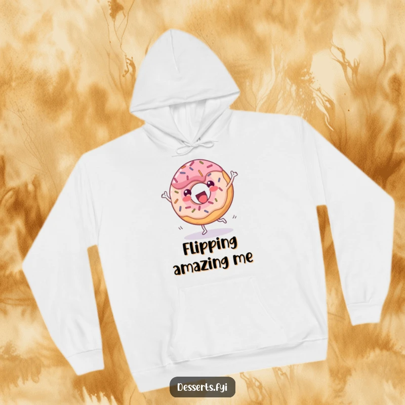 Funny donut hoodie, a cheerful dessert with sprinkles doing a joyful cartwheel with glee, offering cozy comfort and a sweet, humorous design.