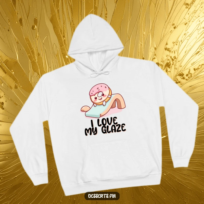 Funny hoodie depicting a cheerful donut with frosting, gleefully sliding down a slide, offering comfort and a dose of playful humor.