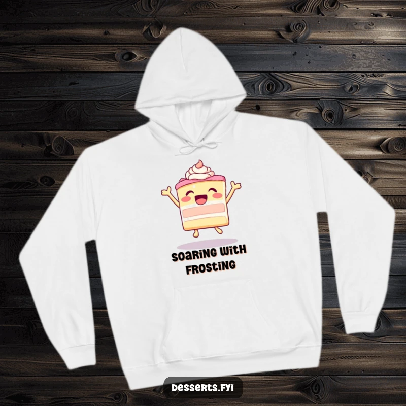 Funny leaping cake with ecstatic frosting graphic on a soft hoodie, embodying sweet joy and comfort, excellent funny gift.