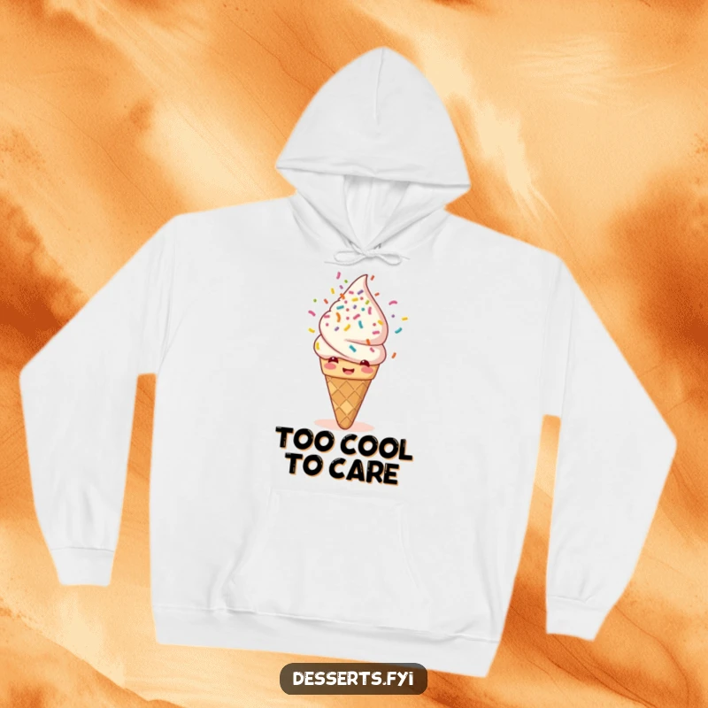 Funny hoodie depicting a giggling ice cream cone joyfully showering itself with a vibrant mix of rainbow sprinkles. Cozy and humorous, perfect for cool days.