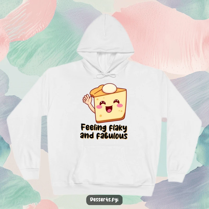 Funny pie slice hoodie featuring a gleeful pie character waving, offering warmth and a comforting, humorous appeal.