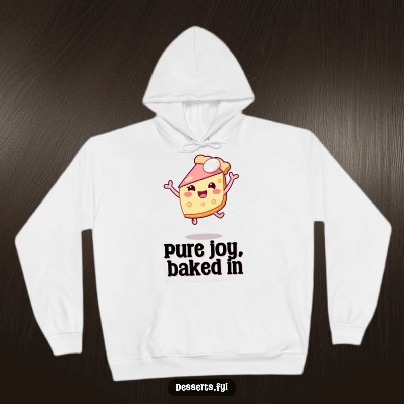 Funny hoodie depicting a happy slice of pie energetically leaping through the air, radiating pure delight. A must-have for fans of humorous and comforting designs.