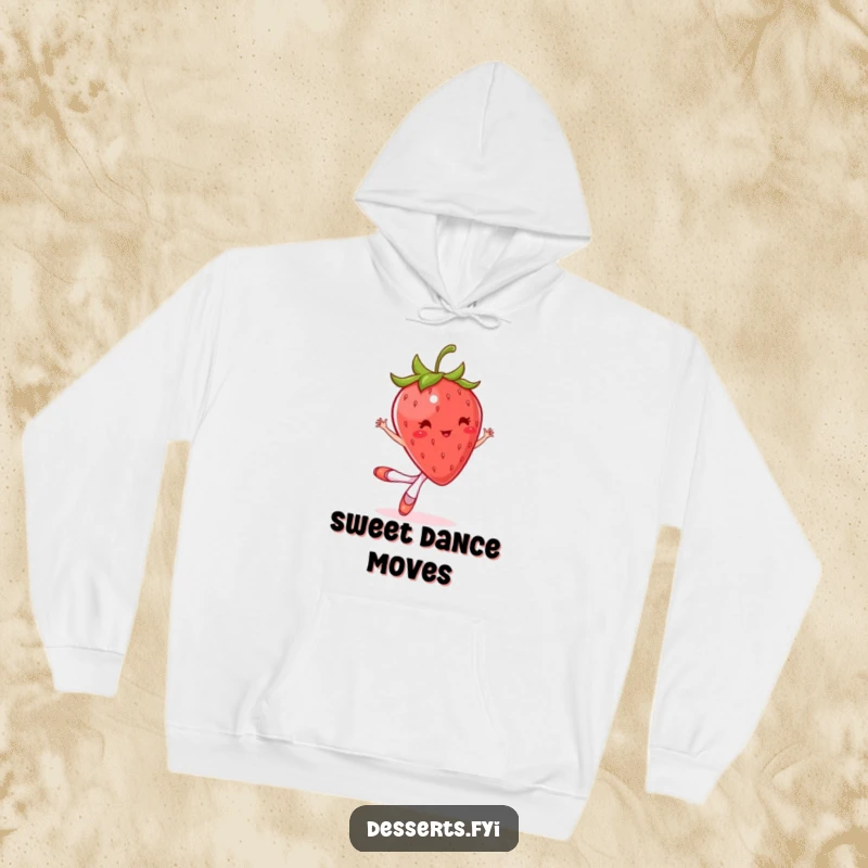 Funny hoodie showing a bouncing strawberry in tiny ballet slippers, mid-twirl. Cozy and humorous.