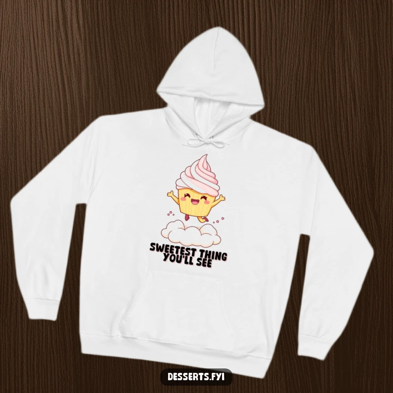Funny Hoodie: A cheerful cupcake character joyfully leaps into a cloud of creamy whipped topping.
