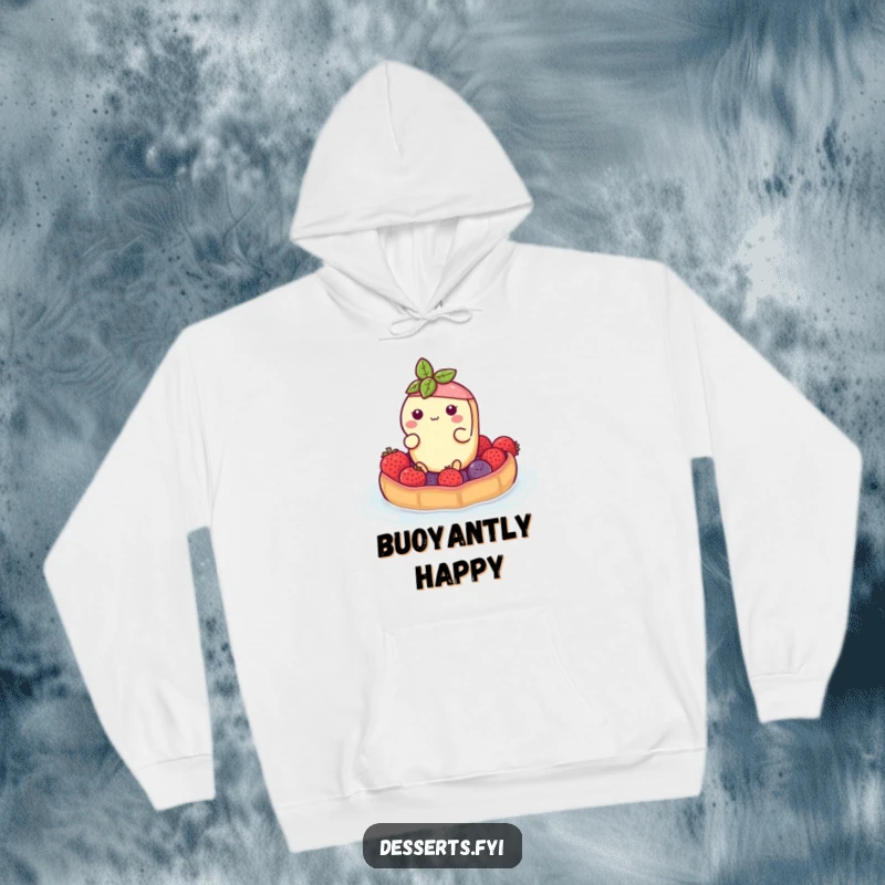 Funny hoodie featuring a buoyant tart character floating on a berry raft, offering cozy comfort with a dash of sweet, humorous adventure.