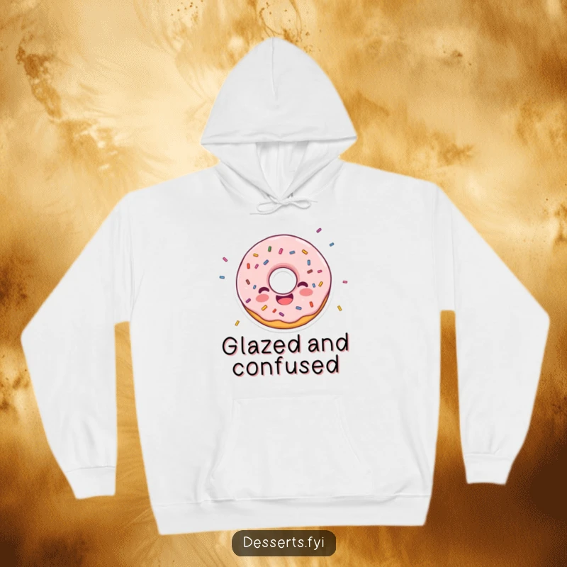 Funny hoodie featuring a happy donut character surrounded by scattered sprinkles, offering cozy comfort and cheerful fun.