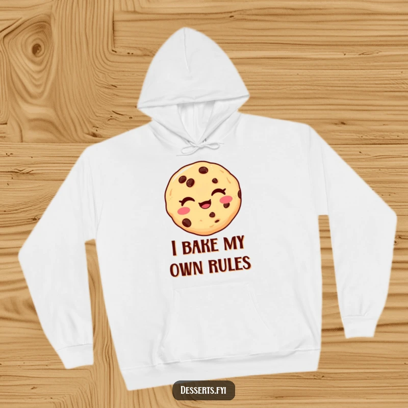 Funny hoodie depicting a delighted chocolate chip cookie winking playfully, offering warmth and a dose of humor for cookie lovers.