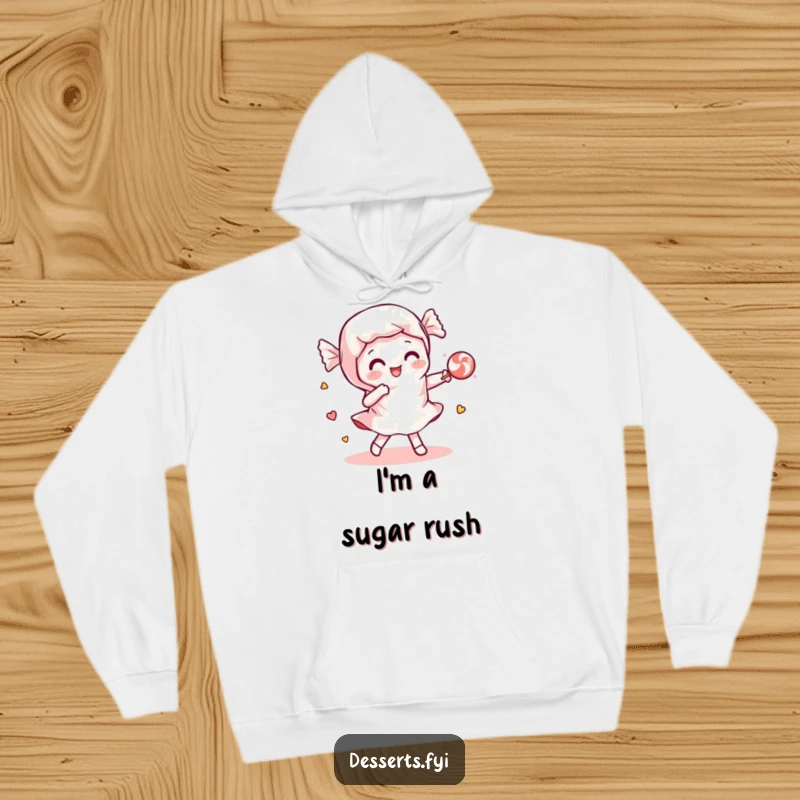 Funny hoodie depicting a playful candy wrapper dancing with a piece of candy, offering cozy comfort and sweet, humorous vibes.