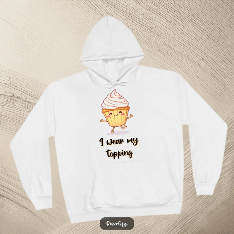 Funny cupcake hoodie, a smiling dessert with tiny legs happily skipping with frosting on its head, offering cozy comfort and a sweet, humorous design.