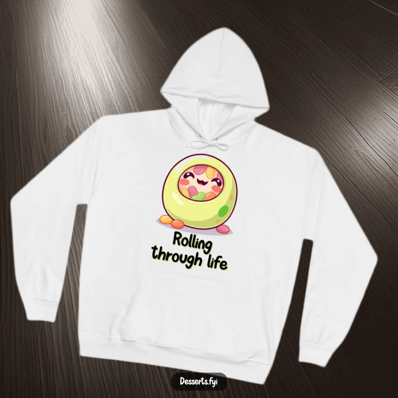 Funny jelly bean hoodie featuring a joyous, rolling jelly bean, offering warmth and a comforting, humorous appeal.