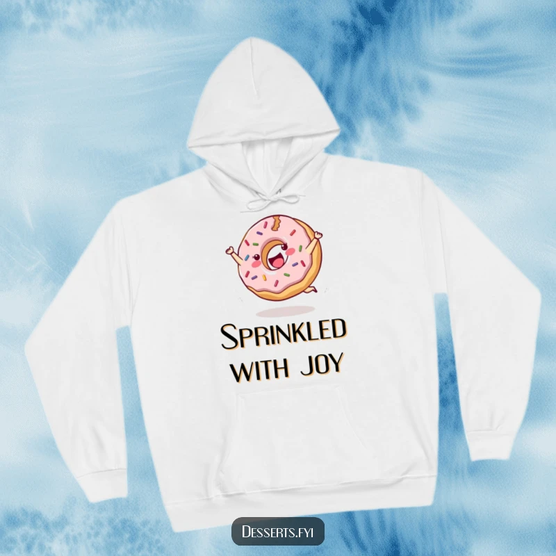 Funny hoodie illustrating a cheerful donut with sprinkles performing a joyful cartwheel with energy and glee.