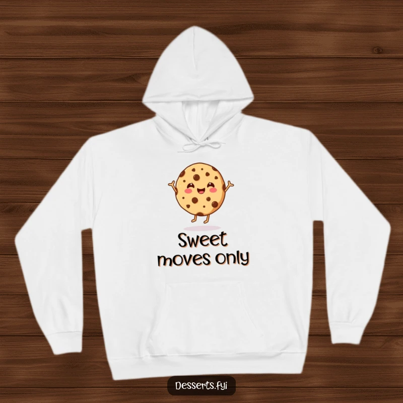 Funny cookie hoodie featuring a cheerful chocolate chip cookie in a dance pose, offering comfort and a humorous, sweet vibe.