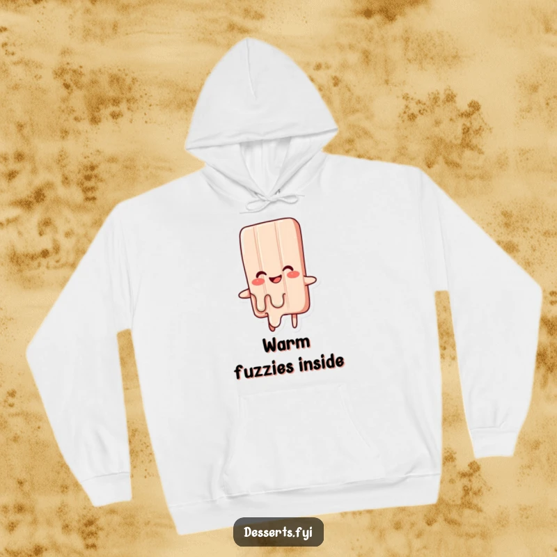 Funny hoodie showcasing a happy, melting candy bar character, exuding warmth and glee. A cozy and humorous garment for sweet lovers.