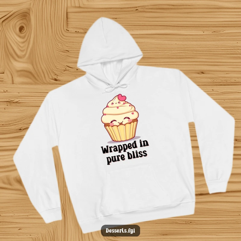 Funny hoodie depicting a smiling cupcake character enjoying a self-hug, embodying comfort and sweetness.