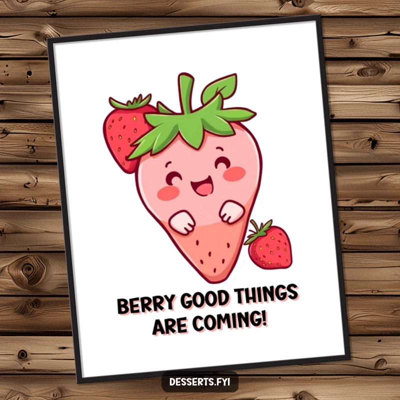 Funny Free Printable Wall Art of a happy strawberry character playfully peeking from behind a large berry.