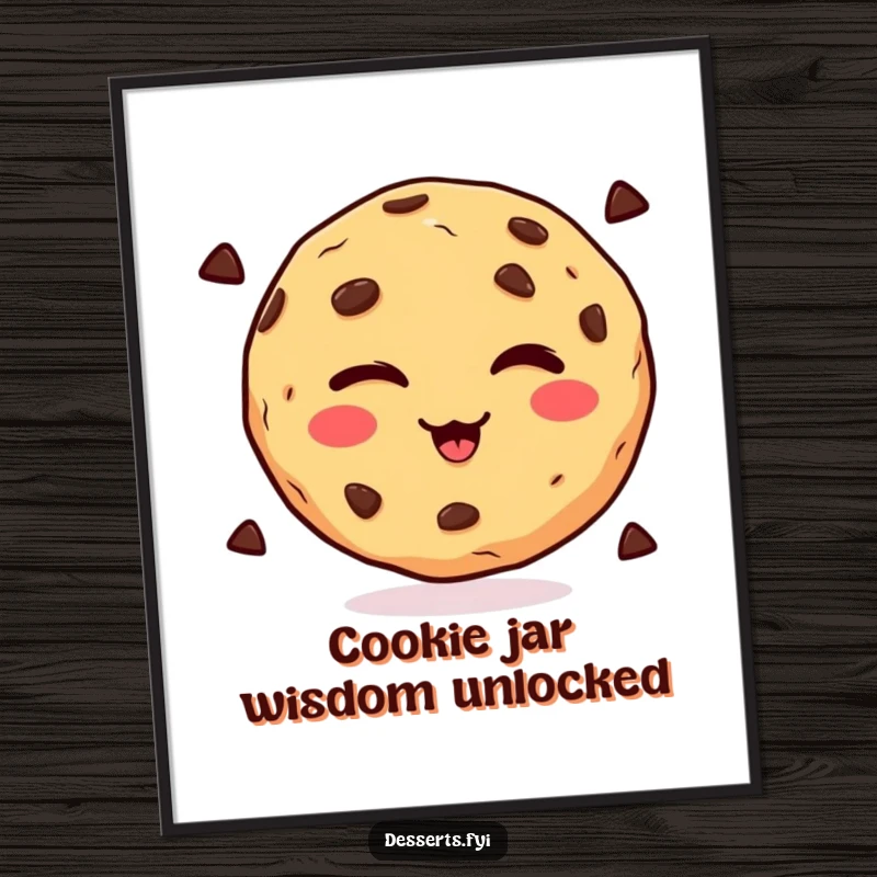 Funny free printable wall art of a cheerful chocolate chip cookie performing a playful, winking gesture, perfect for kitchen decor.