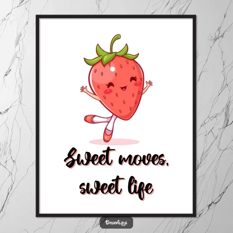 Funny Free Printable Wall Art: A bouncy strawberry wearing tiny ballet slippers, captured mid-twirl with delightful grace.