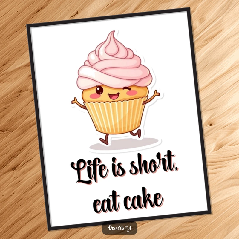 Free Printable Wall Art: Smiling cupcake with tiny legs happily skips with frosting on its head.