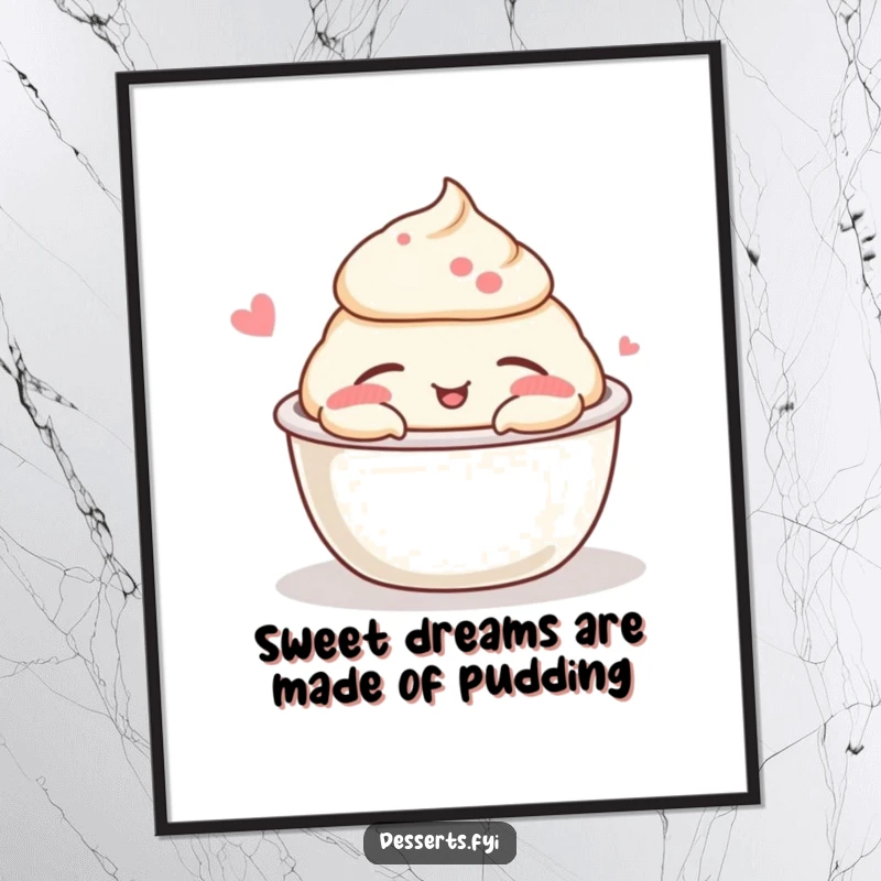 Funny Free Printable Wall Art featuring a contented pudding cup taking a happy nap, adding cozy charm to any room.