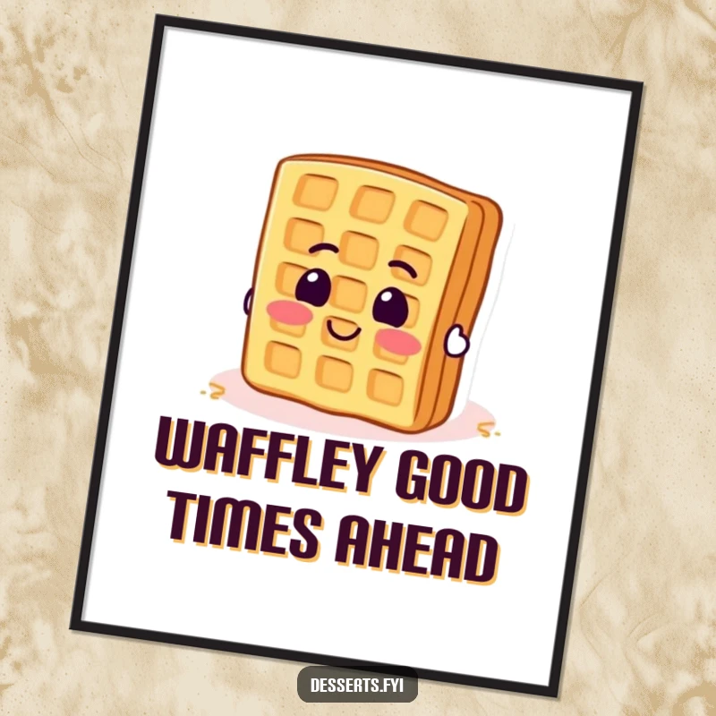 Funny Free Printable Wall Art: A smiling waffle full of enthusiasm attempting to flip itself over, radiating breakfast positivity.