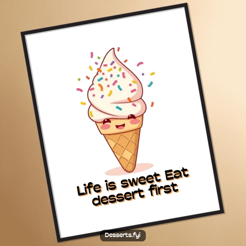 Funny Free Printable Wall Art featuring a giggling ice cream cone happily showering itself with a vibrant rainbow of sprinkles.