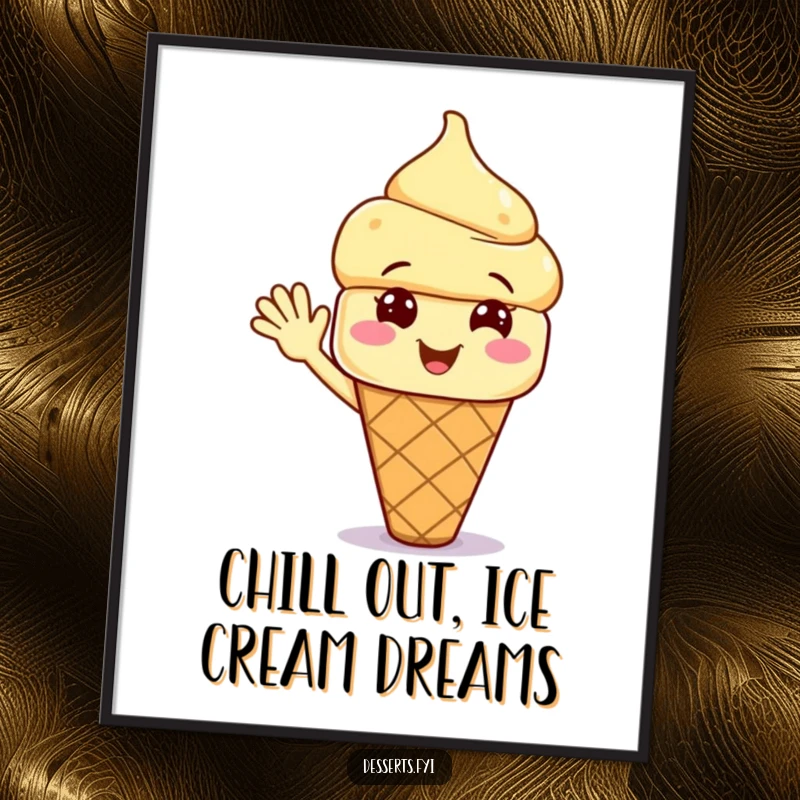 Funny Free Printable Wall Art of a smiling ice cream cone character excitedly waving, adding fun and cool vibes to decor.
