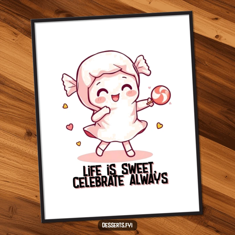 Free Printable Wall Art: A playful candy wrapper dancing with a piece of candy.