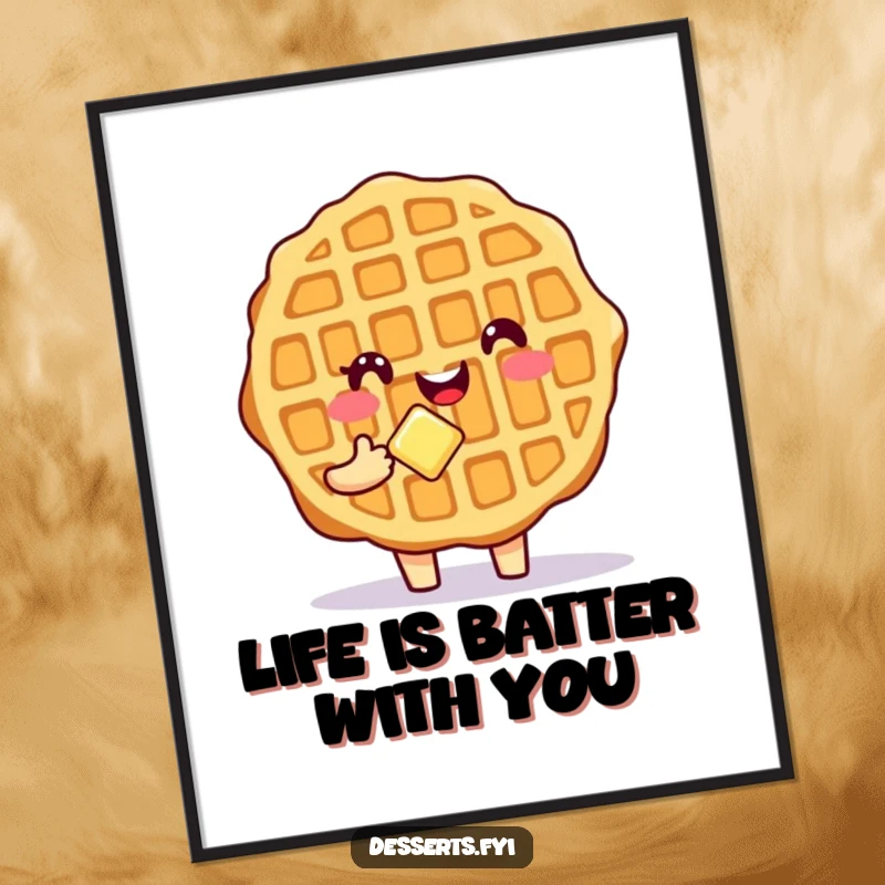 Funny Free Printable Waffle Wall Art: Smiling waffle with butter, cheerful breakfast art, downloadable decor.