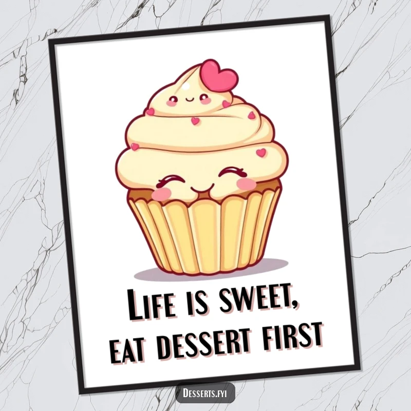 Funny Free Printable Wall Art: Smiling cupcake character with eyes closed, enjoying a sweet embrace, whimsical decor.