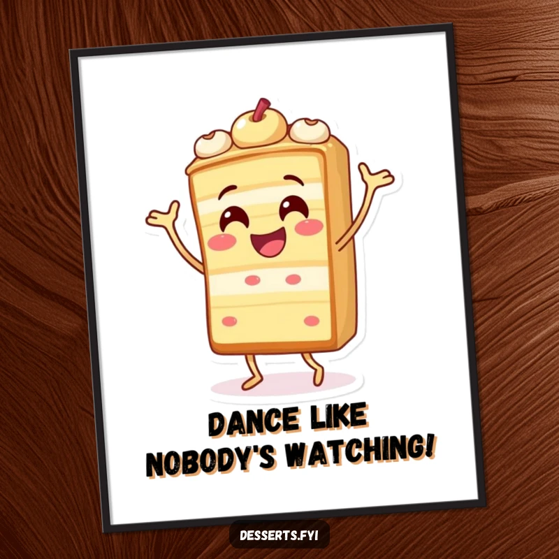 Funny Free Printable Wall Art of a cheerful slice of cake character performing a hilarious and silly dance.